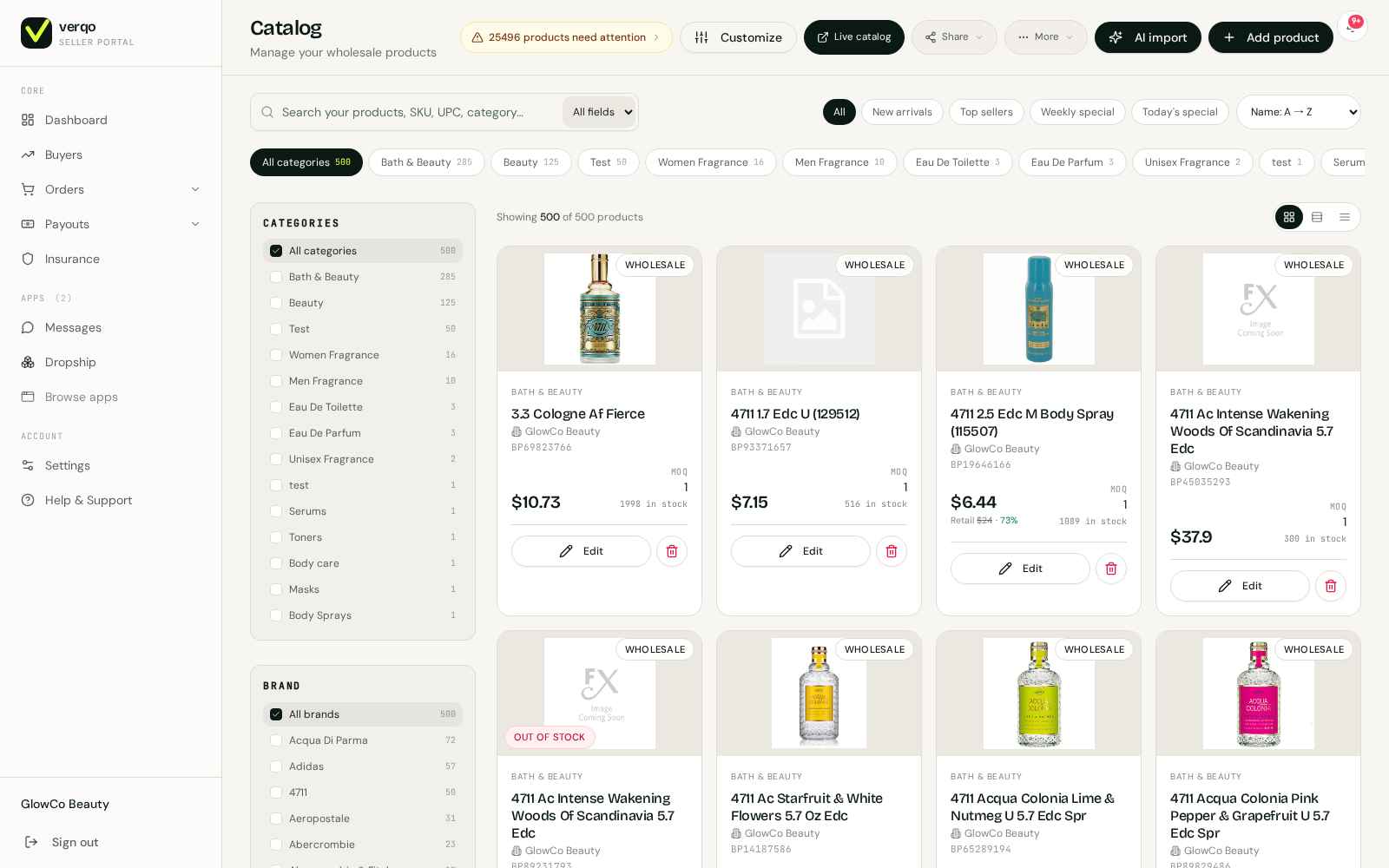 Verqo seller-portal catalog admin — 500 SKUs, categories, pricing
