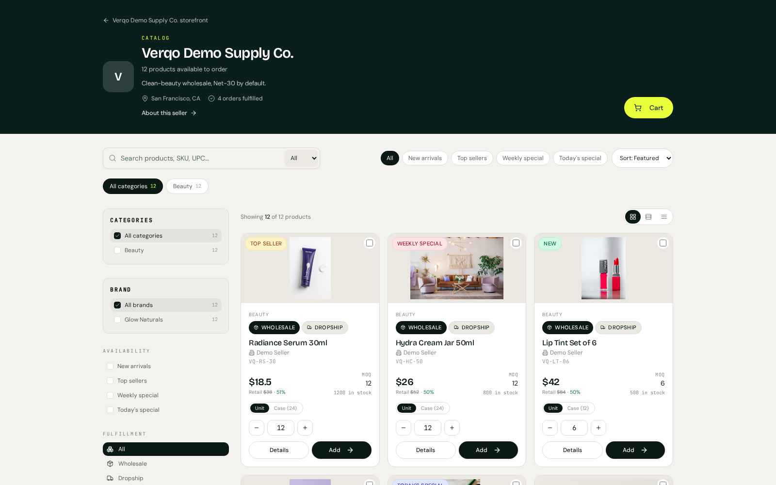 Verqo catalog — buyer-facing grid view