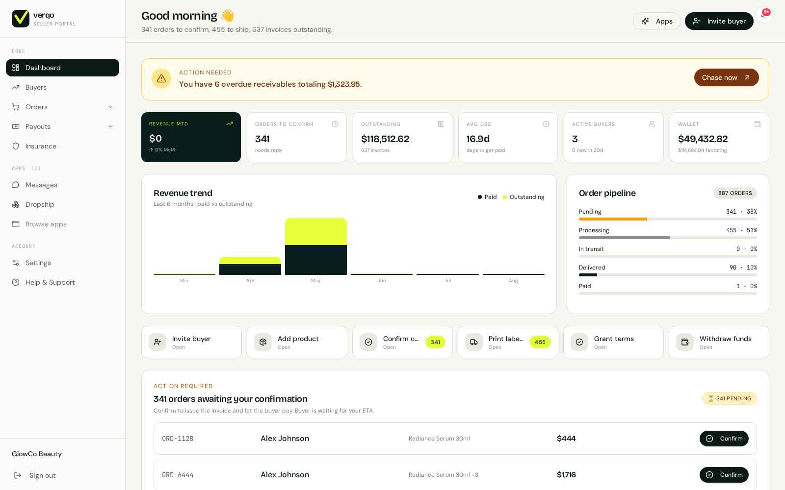 Verqo dashboard — the live production console