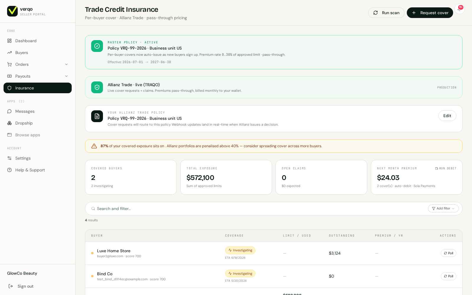 Verqo Insurance — coverage in-force on every extended invoice