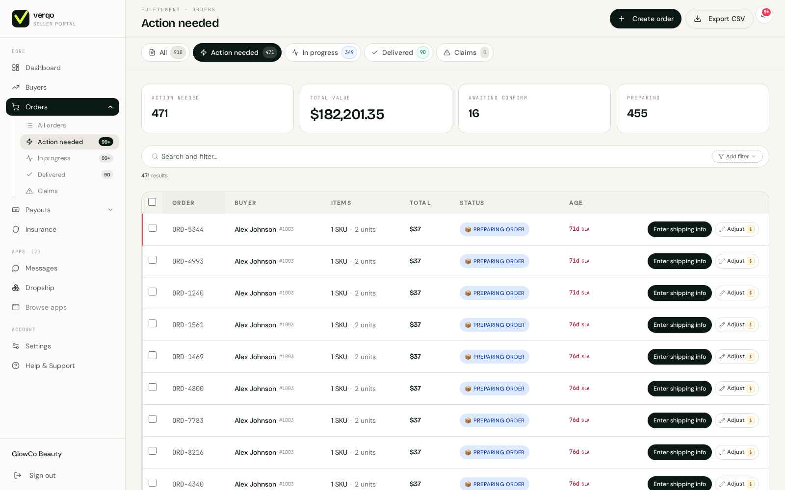 Orders — action queue with pending quotes