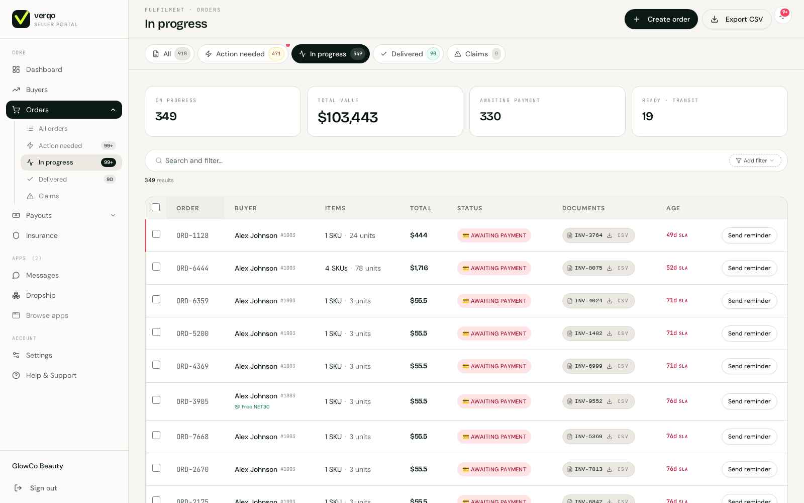 Verqo Orders — in progress with tracking, carrier, SLA