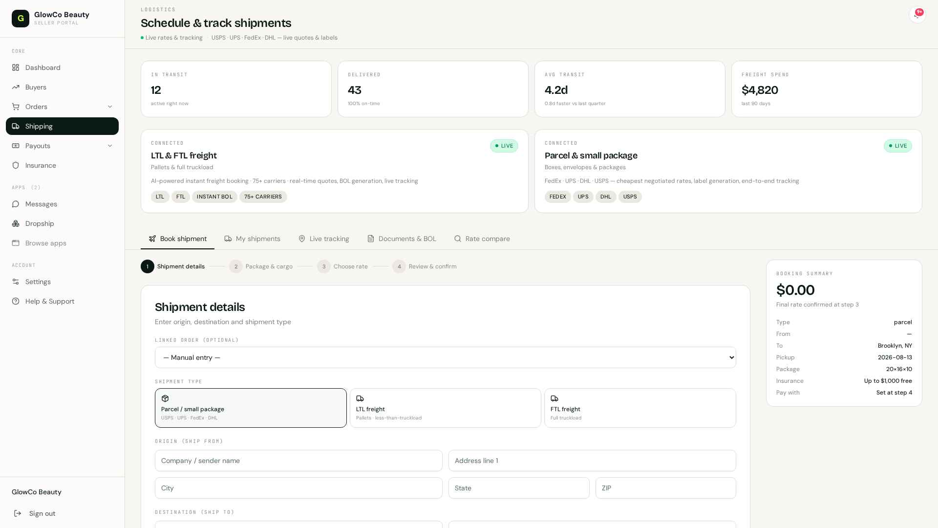 Verqo Shipping — LTL & FTL freight console