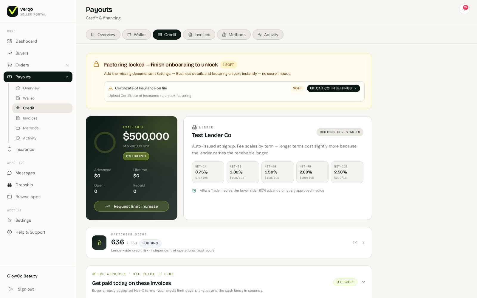 Verqo Credit — buyer terms, exposure, aging